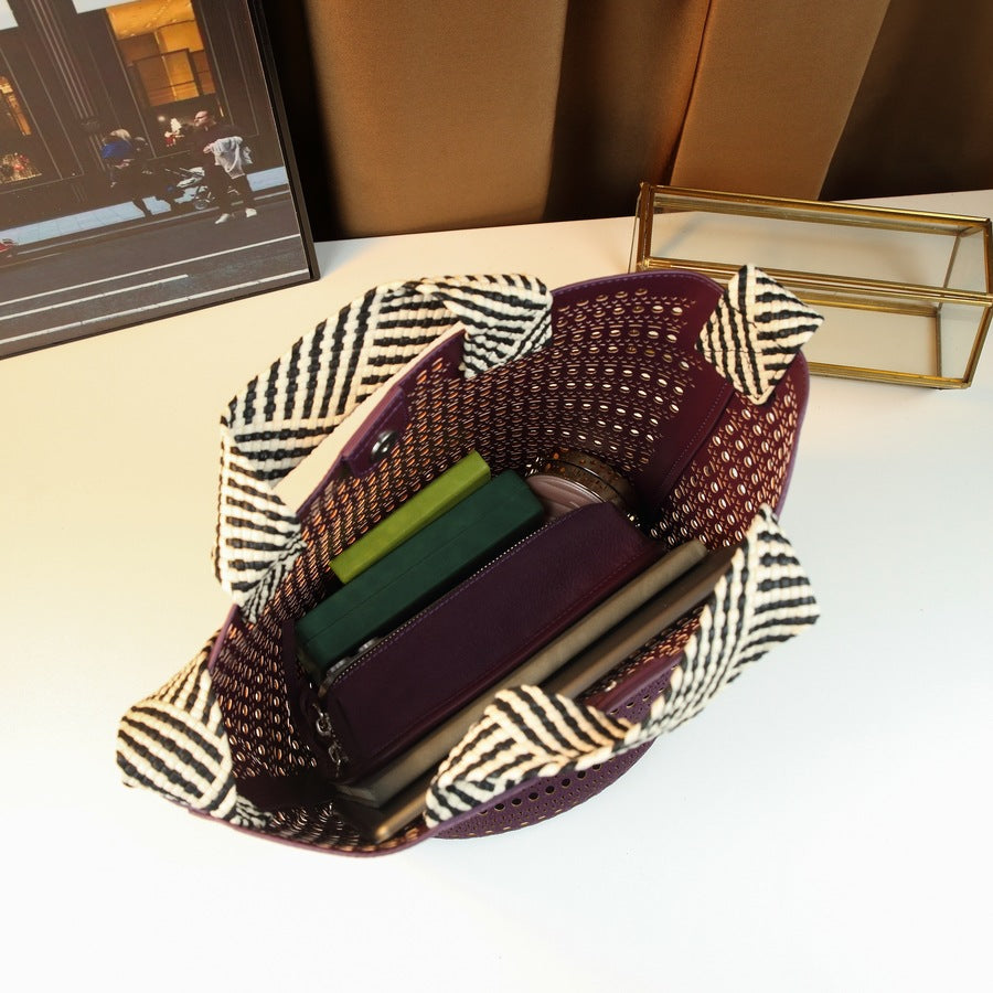 Hollow Woven Bucket Bag Set for Women Lightweight Fall Shoulder Handbag, Versatile Casual Purse with Detachable Sub-Pouch