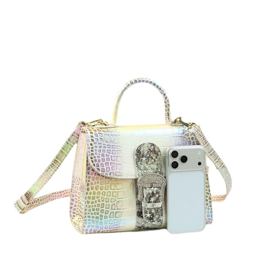 Chic Iridescent Croc-Effect Small Square Bag for Women, A Fashionable Top-Handle Evening Shoulder Crossbody Handbag with Eye-Catching Shimmering Design, Versatile Party Purse