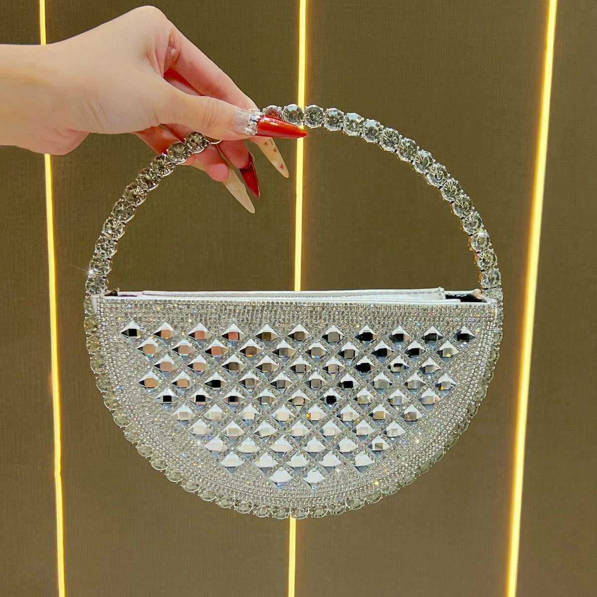 Women's Rhinestone-Embellished Round Evening Bag, Unique Crystal Top-Handle Crossbody Purse for Formal Dress Banquet, French Style Glamorous Handbag