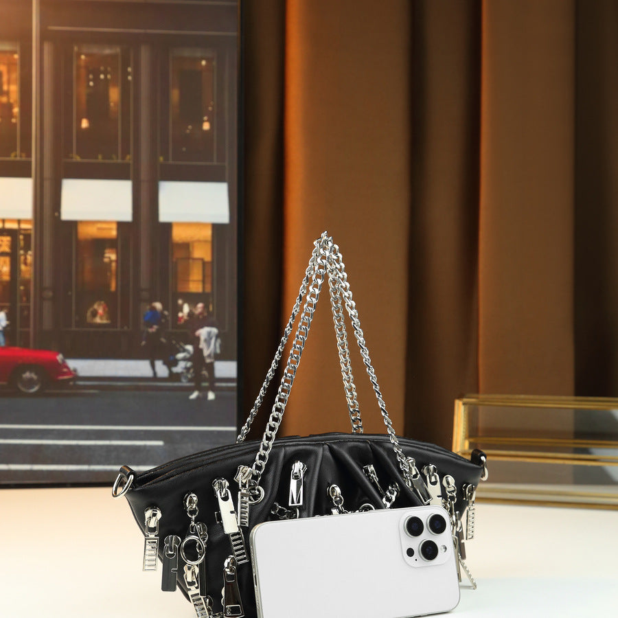 Punk Black Pleated Cloud Dumpling Bag for Women Chain Shoulder Crossbody Handbag, Edgy Zipper Detail Purse with Cool Street Style