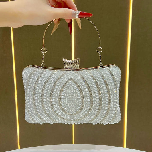 Elegant Pearl-Embellished Evening Clutch for Women, A Small Versatile Top-Handle Crossbody Bag with Shoulder Strap, Perfect for Banquets Weddings & Formal Occasions