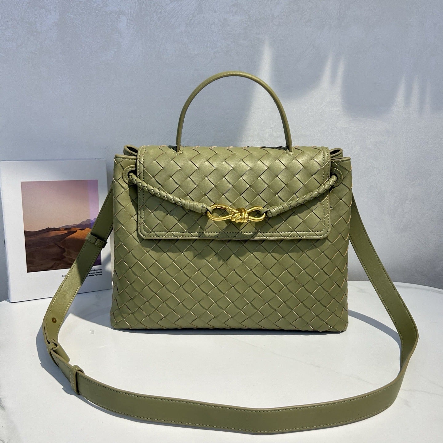 Genuine Leather Woven Tote with Butterfly Gold Buckle Flap, Large Commuter Shoulder & Crossbody Bag for Women