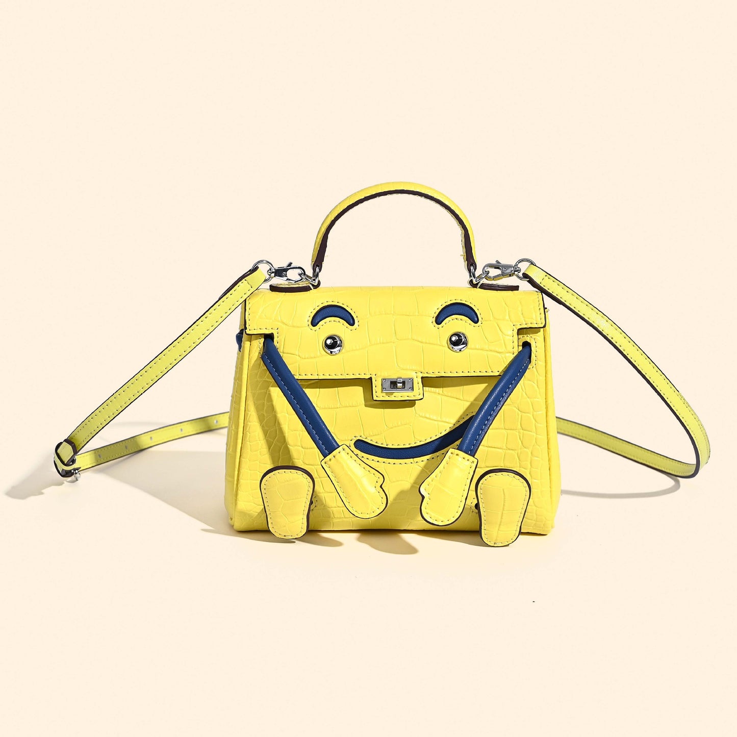 Genuine Leather Crocodile-Embossed Smiley Face Kelly-Style Bag for Women, New Millennium Doll Small Square Crossbody Shoulder Purse, Trendy Handbag for Ladies