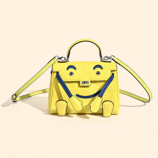 Genuine Leather Crocodile-Embossed Smiley Face Kelly-Style Bag for Women, New Millennium Doll Small Square Crossbody Shoulder Purse, Trendy Handbag for Ladies