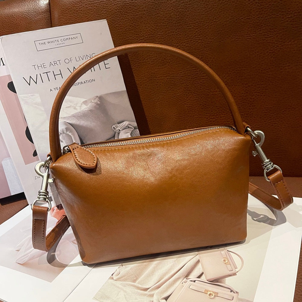 Genuine Top Layer Vegetable-Tanned Cowhide Boston Pillow Bag for Women, New Vintage Top Handle Crossbody Purse, Premium Leather Handbag for Ladies