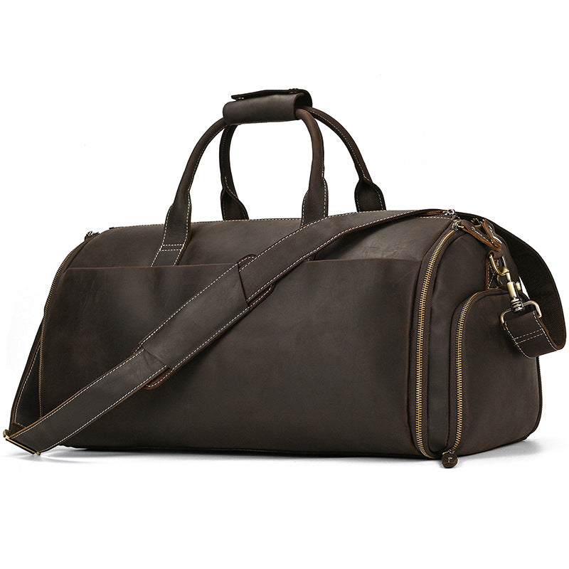 Genuine Leather Foldable Suit Travel Duffle, Multifunctional Garment Bag with Wet-Dry Compartments, Perfect Gym Weekender for Men and Women