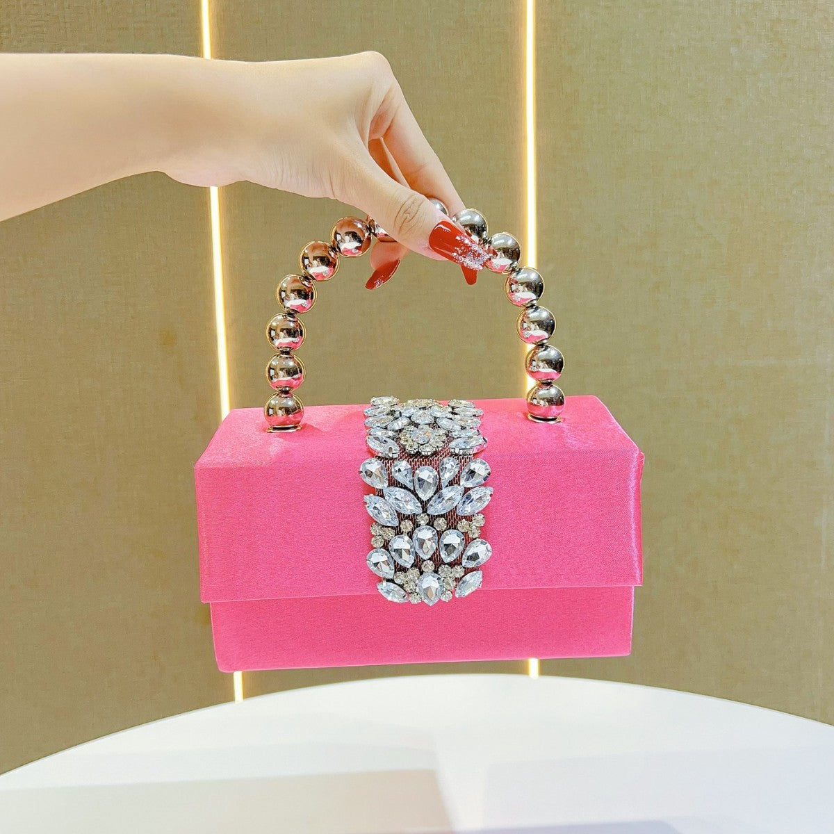 Chic French-Style Sparkly Rhinestone Box Clutch for Women, A Luxurious Silk Satin Small Square Bag with Elegant Pearl Accents & Removable Crossbody Strap, Perfect for Banquets Weddings & Formal Evening Events