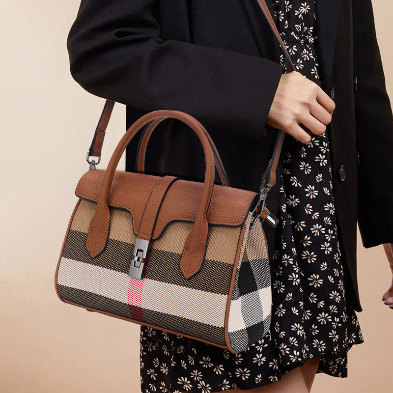 New Trendy Plaid Cowhide Tote Bag, Fashionable Casual Shoulder Crossbody Top Handle Purse, Premium Leather Handbag for Wome