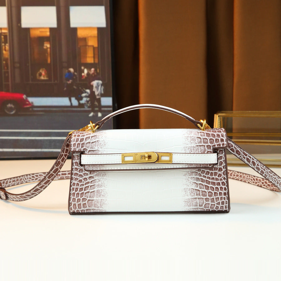 Chic Korean Style Light Luxury Croc-Effect Kelly-Inspired Handbag for Women, A Small Exquisite Top-Handle Bag with Turn-Lock Design & Premium Feel