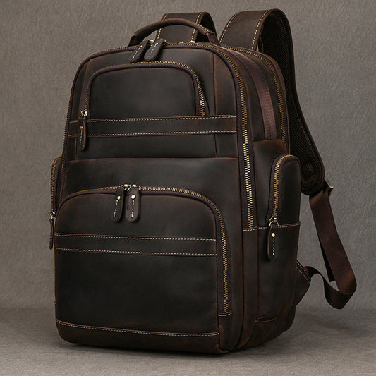 Genuine Crazy Horse Cowhide Large Capacity Backpack for Men, Vintage Casual Travel School Daypack, Fits 16-Inch Laptop, Durable Leather Rucksack for Gentlemen