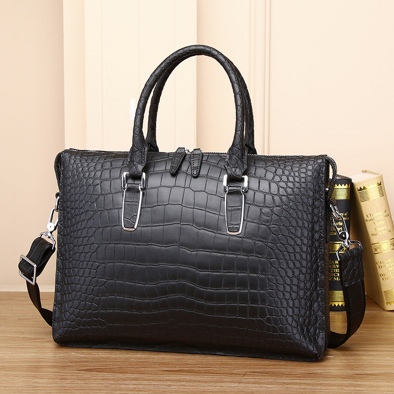 Genuine Leather Men's Laptop Crossbody Bag Large Capacity Multi-Compartment Business Handbag with Matte Crocodile Texture