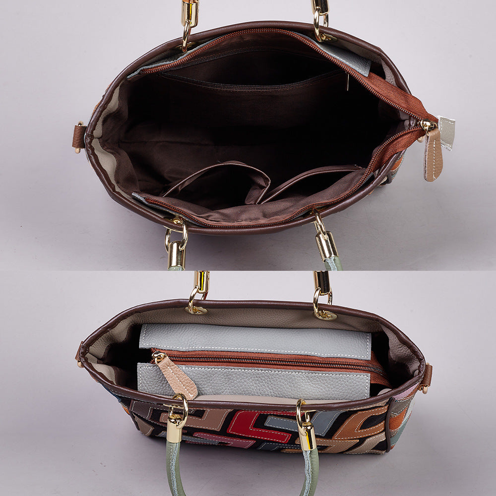 Colorful Patchwork Ethnic Style Genuine Leather Bag, Wholesale Trendy Shoulder Crossbody Top Handle Purse, Versatile Handbag for Women
