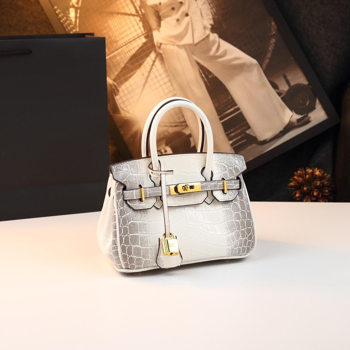 Chic Croc-Embossed Birkin-Inspired Tote Bag for Women, Premium Genuine Leather Shoulder Crossbody Top-Handle Handbag with Dopamine Bright Colorful Style, High-End Everyday Purse