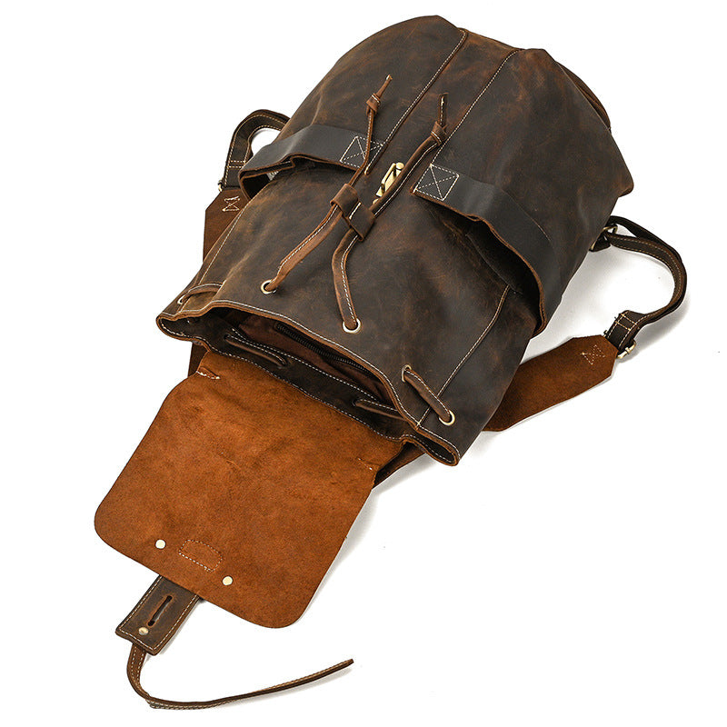 Crazy Horse Leather Flap Drawstring Large Capacity Backpack, Casual School Travel Rucksack, Versatile Daypack for Men and Women