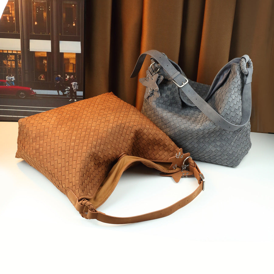 Handmade Frosted Woven Bucket Tote for Women Large Capacity Shoulder Crossbody Purse with Five-Pointed Star Design, Perfect for Fall Winter & Everyday Use