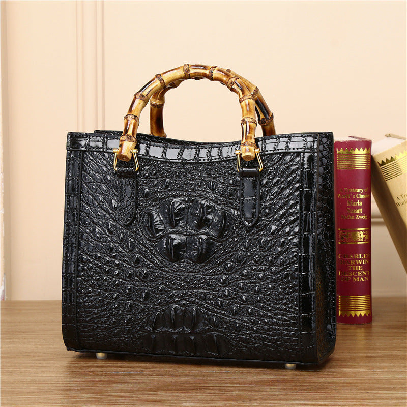 New Arrival Genuine Leather Bamboo Handle Bag for Women, A Large Capacity Shoulder Crossbody Handbag with Himalayan White Croc-Effect Finish, Perfect for Banquets & Everyday Style
