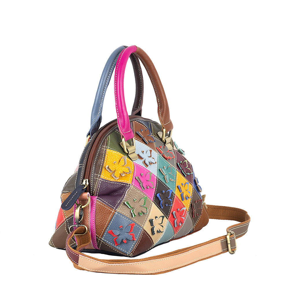 Genuine Cowhide Handmade Colorful Butterfly Floral Shell Bag for Women, New Arrival Casual Trendy Shoulder Top Handle Purse, Unique Designer Handbag for Ladies
