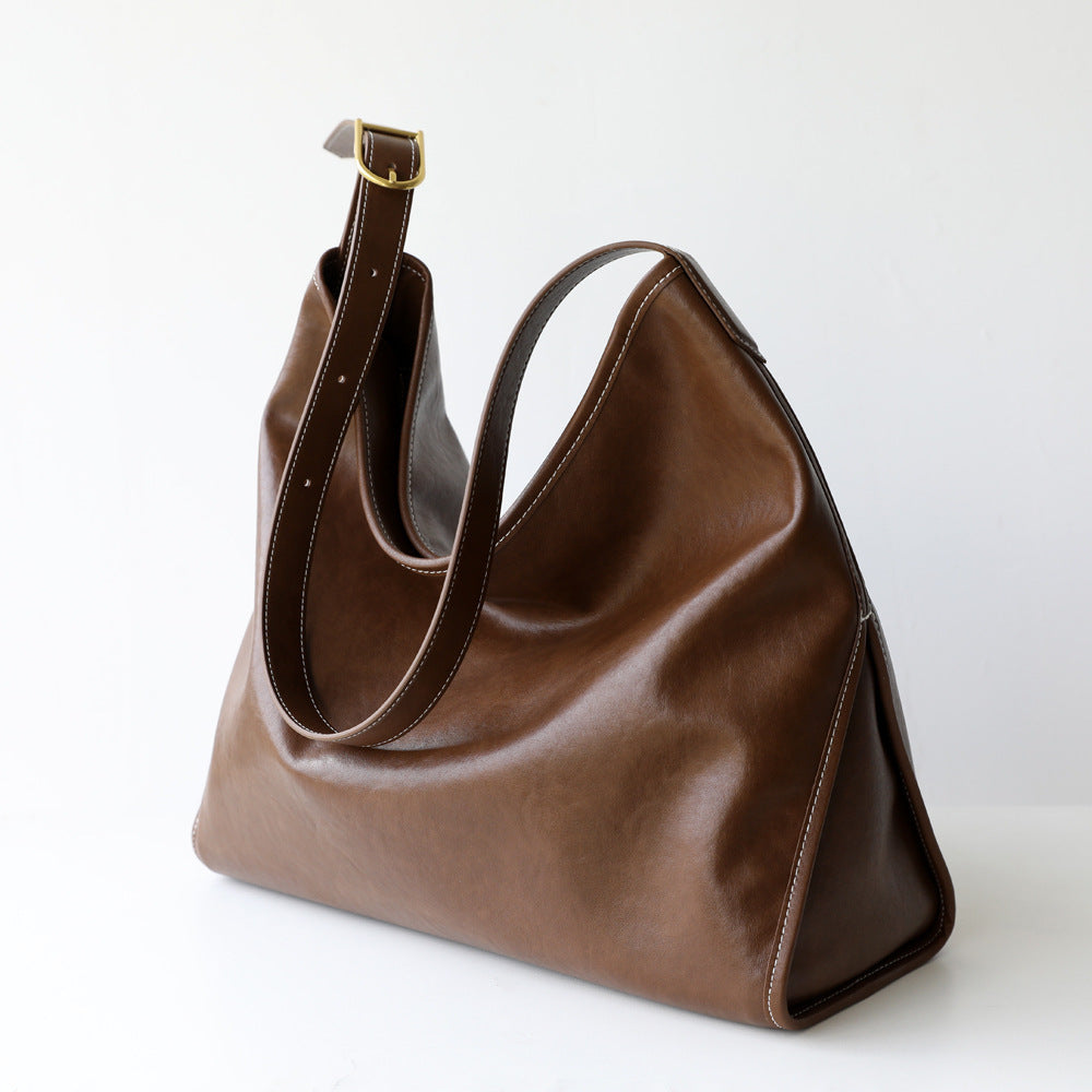 Vegetable-Tanned Cowhide Tote Bag for Women Vintage Large Capacity Commuter Shoulder Handbag, Niche Leather Purse with Natural Patina