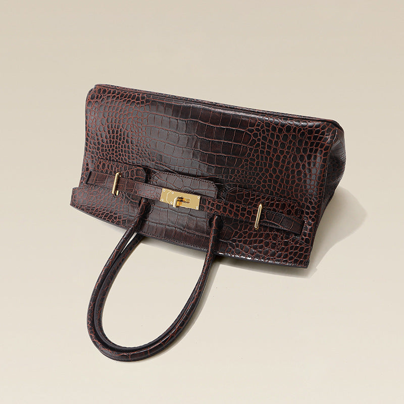 Chic Croc-Embossed Birkin-Inspired Horizontal Tote Bag for Women, Premium Top-Layer Cowhide Large Capacity Underarm Shoulder Handbag with Unique Boutique Style