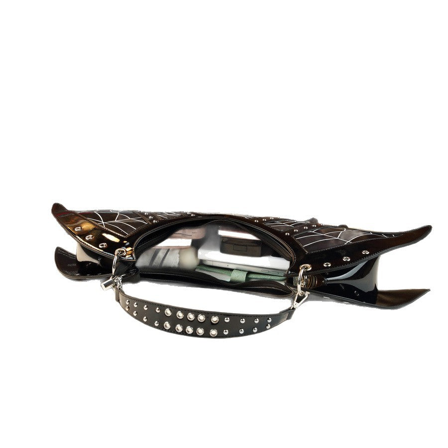 Mirror Bat Wing Bag for Women Halloween Skull Rivet Handbag, Gothic Mirror Metallic Shoulder Crossbody Purse with Unique Bat-Shaped Silhouette