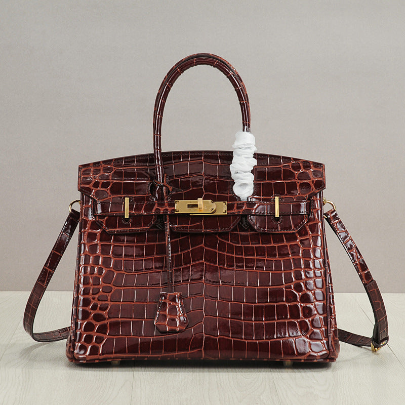 Genuine Leather Crocodile-Embossed Birkin-Style Bag for Women, New Large Capacity Commute Top Handle Shoulder Crossbody Purse, Fashionable Versatile Handbag for Ladies