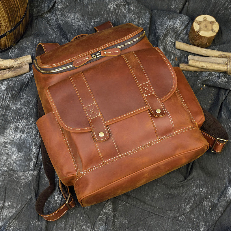 Crazy Horse Leather Large Capacity Travel Backpack, Top Layer Cowhide School Daypack, Premium Men's Rucksack