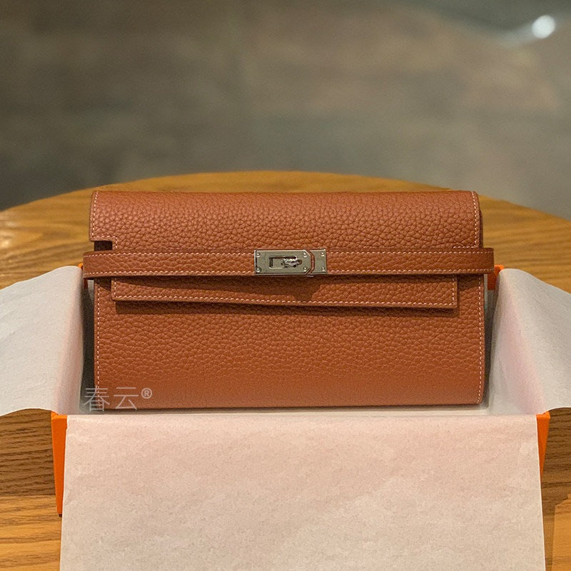 Genuine Togo Leather Long Wallet Clutch for Women, Hermès-Inspired Kelly-Style Money Holder, Premium Epsom Leather Phone Bag for Ladies