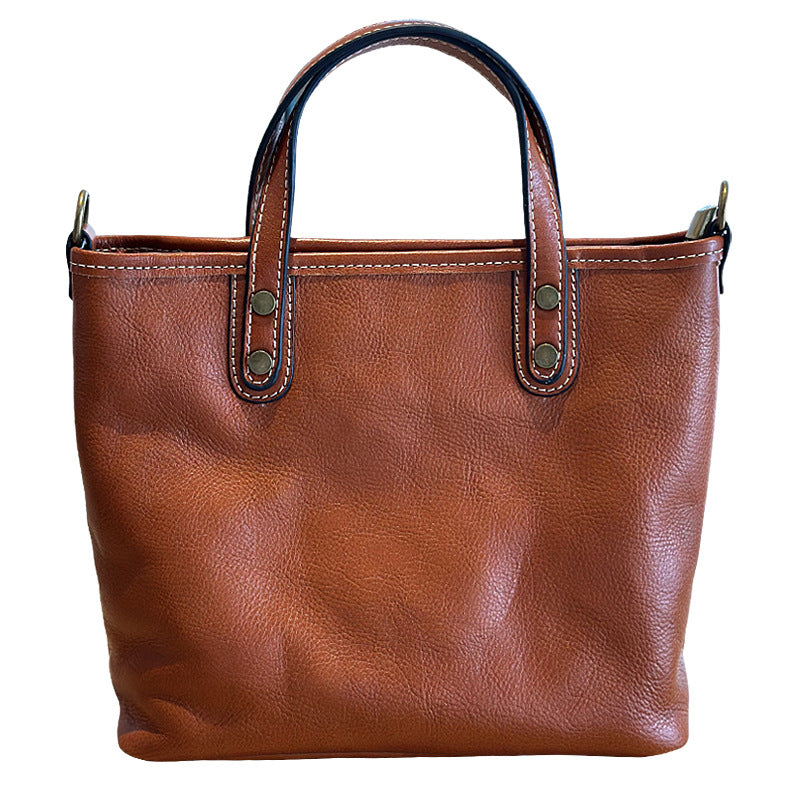 Genuine Top Layer Vegetable-Tanned Cowhide Handbag for Women, Vintage Minimalist Shoulder Crossbody Purse, Casual Work Commute Bag for Ladies