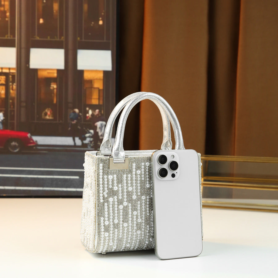 Rhinestone Pearl Embellished Lady Tote Bag for Women Evening Shoulder Crossbody Handbag, Elegant Versatile Purse with Glamorous Design