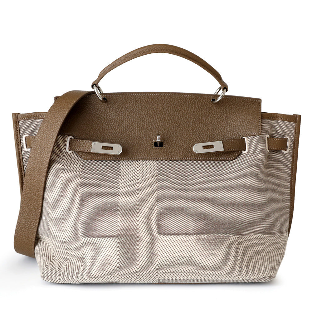 Chic Canvas & Leather Birkin-Inspired Tote Bag for Women, Vintage Large Capacity Shoulder Top-Handle Handbag with Premium Design, Perfect Commuter Purse