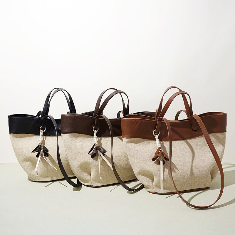 New Large Capacity Basket Bag in Linen & Cowhide, Casual Commute Shoulder Tote with Wing Top Handle, Premium Handbag for Women