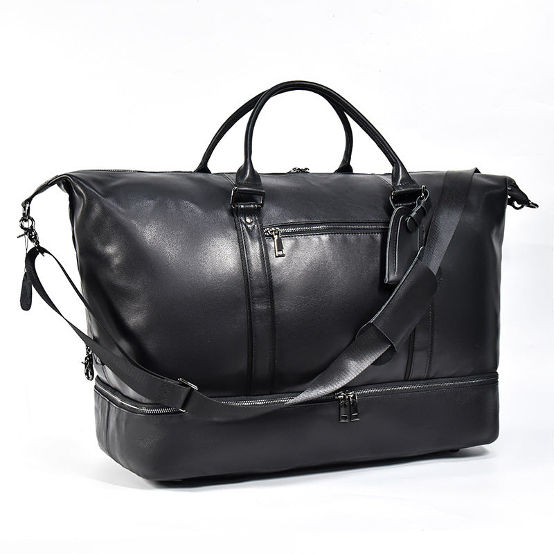 20-Inch Black Genuine Leather Large Capacity Travel Duffle, Gym Top Handle Weekender, Premium Cowhide Luggage Bag for Men and Women