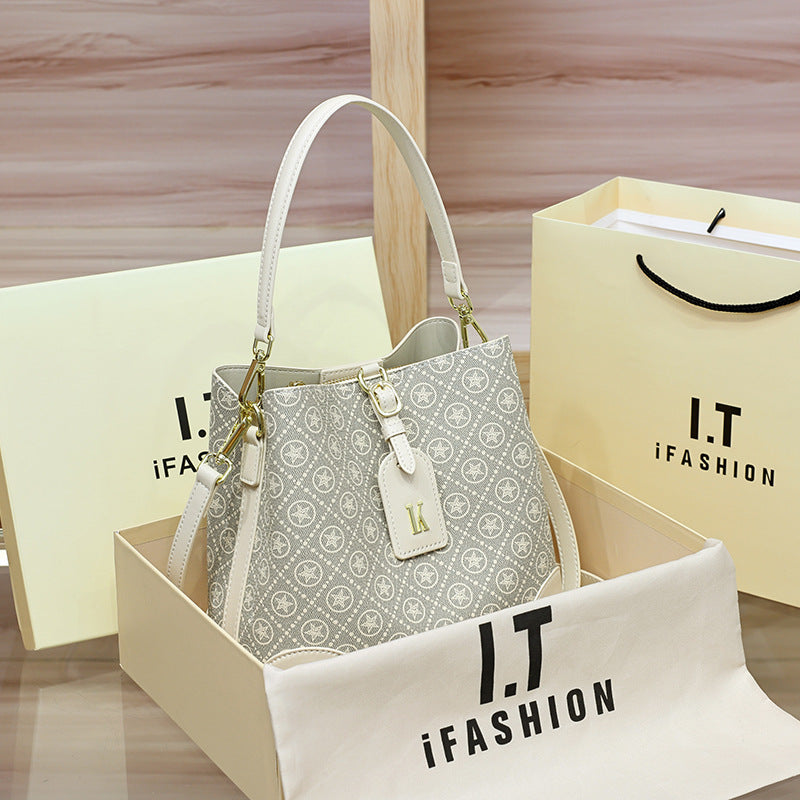 Genuine Leather Vintage Monogram Bucket Bag for Women, Light Luxury Classic Printed Shoulder Crossbody Top Handle Purse, Trendy Handbag for Ladies