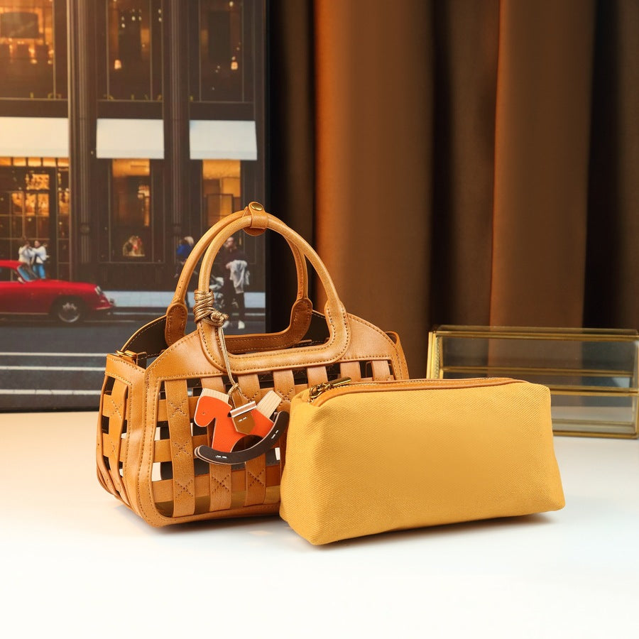 Woven Hollow Small Bucket Bag Set for Women Summer Commuter Purse with Horse Keychain & Detachable Pouch, Exquisite Going-Out Handbag with Artisan Design