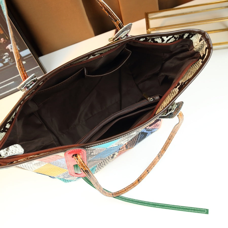 Genuine Leather Color-Block Bucket Tote for Women Large Capacity Patchwork Shoulder Handbag, Trendy Contrast Design with Premium Craftsmanship