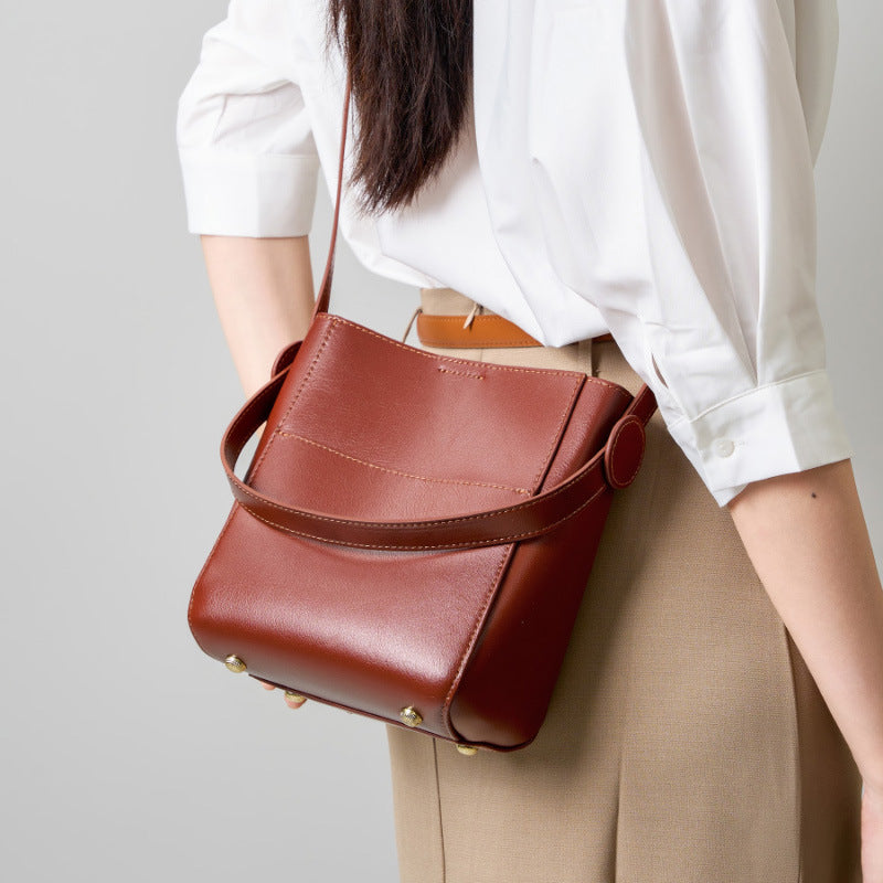 Genuine Cowhide Bucket Bag for Women, New Large Capacity Commute Shoulder Crossbody Purse, Premium Summer Leather Handbag for Ladies
