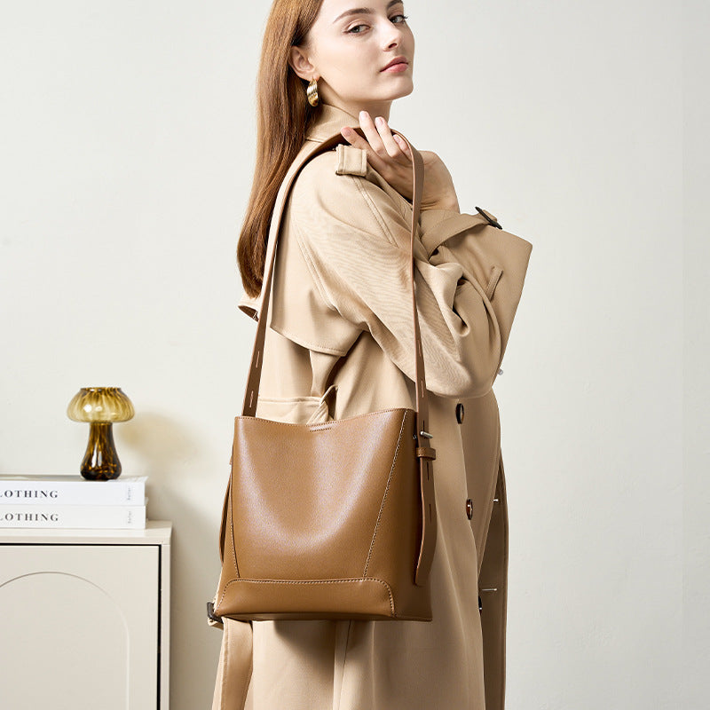 Genuine Leather Bucket Bag for Women, New Large Capacity Commute Shoulder Crossbody Purse, Premium Everyday Handbag for Ladies