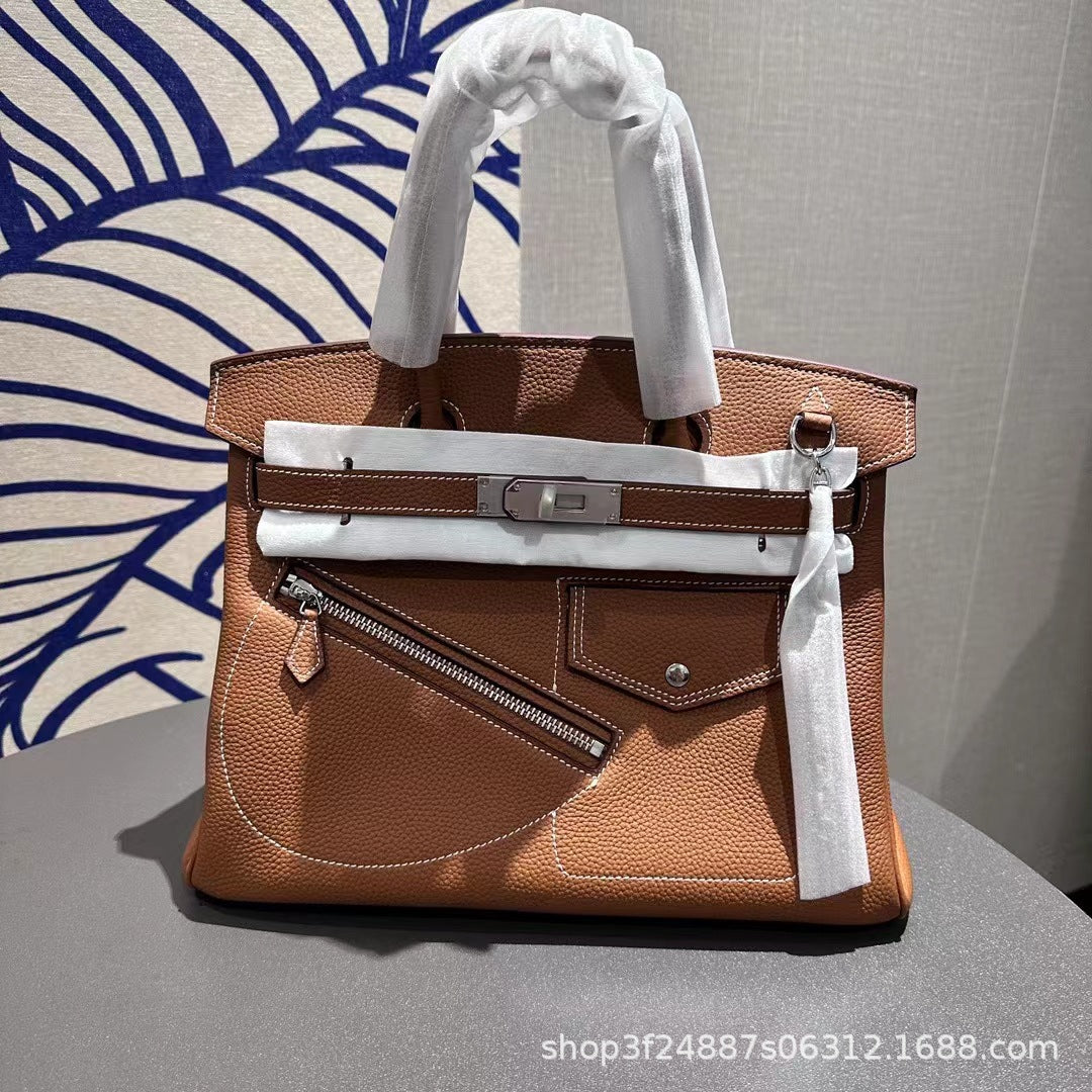 New Arrival Top-Layer Cowhide Leather Biker Birkin-Inspired Tote Bag for Women, Front Zipper Detail with Spacious Large Capacity, Versatile Top-Handle Crossbody Handbag for Everyday Style