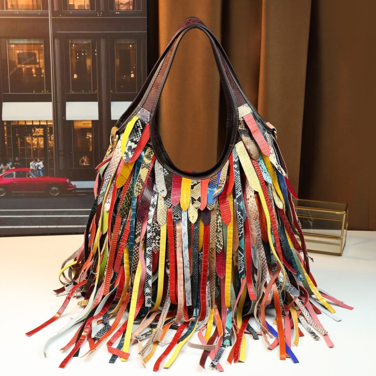 Colorful Fringe Strap Cowhide Shoulder Bag for Women Large Capacity Slouchy Street Style Handbag, Niche Purse with Playful Boho Detail