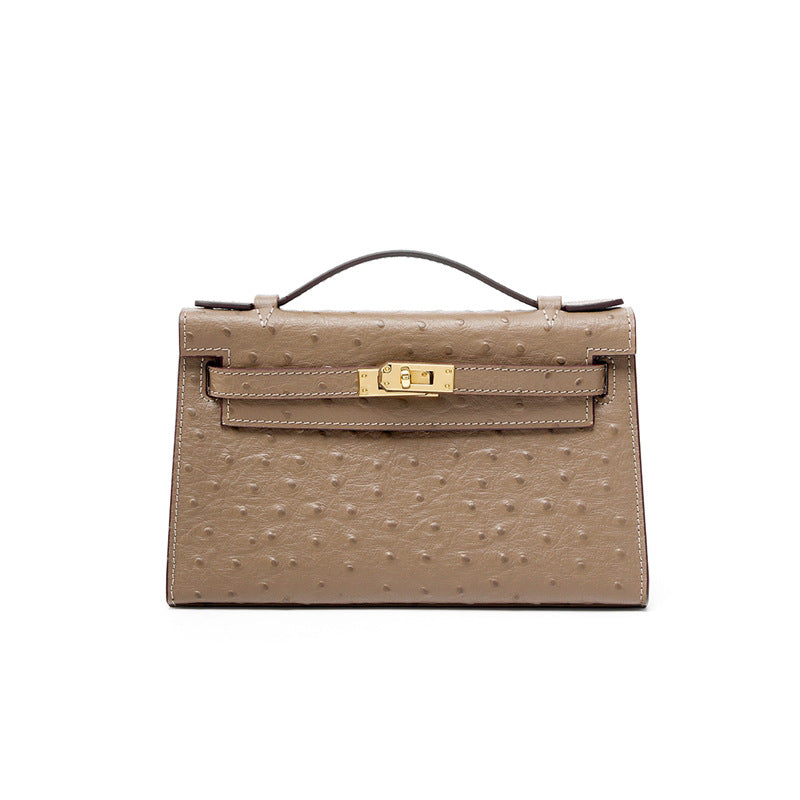 Ostrich-Embossed Kelly-Style Bag in Top Layer Cowhide, Premium Niche Design Shoulder Crossbody Top Handle Purse, Versatile Fashionable Handbag for Women