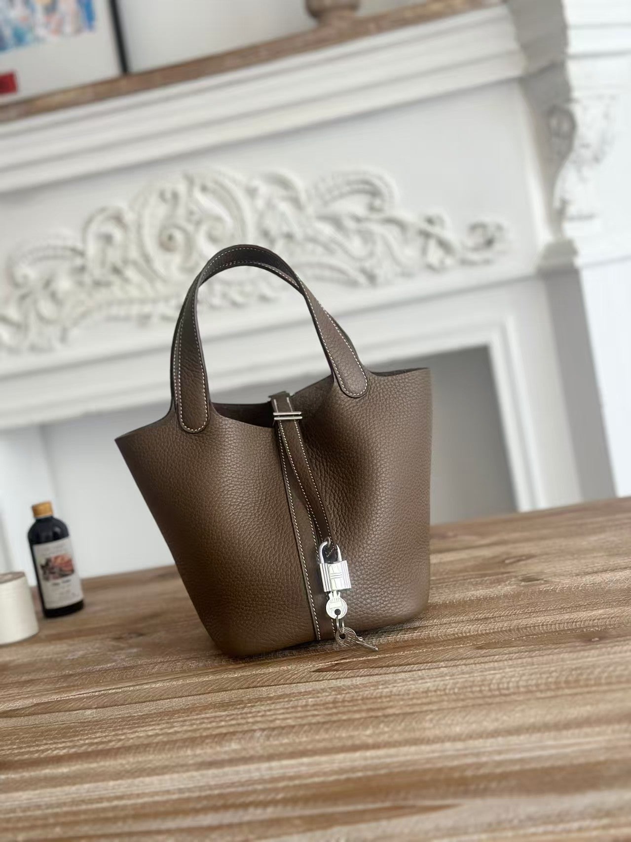 Genuine TC Cowhide 18cm Basket Bucket Bag for Women, Hermès-Style High-Quality Top Handle Handbag, New Premium Leather Purse for Ladies