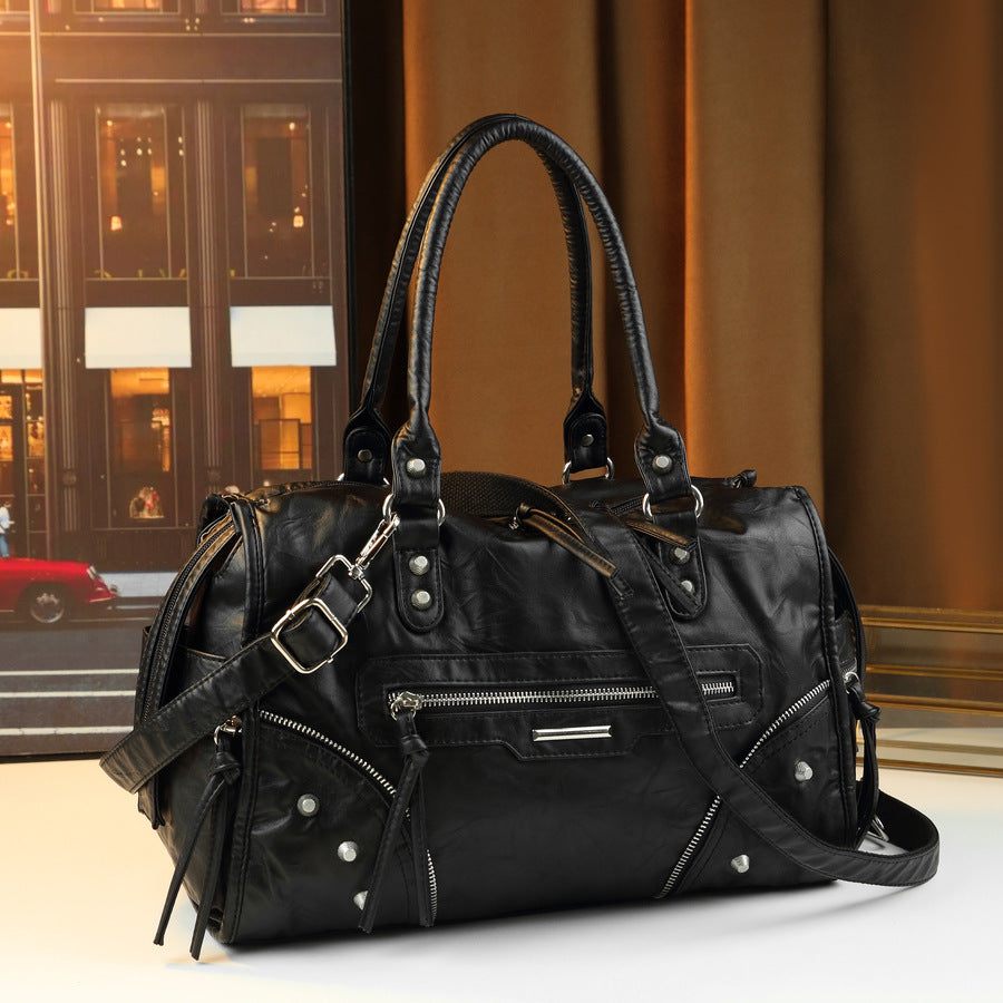 Vintage Studded Biker Tote Bag for Women Large Capacity Distressed Shoulder Crossbody Handbag, Versatile Travel Purse with Edgy Hardware Accents
