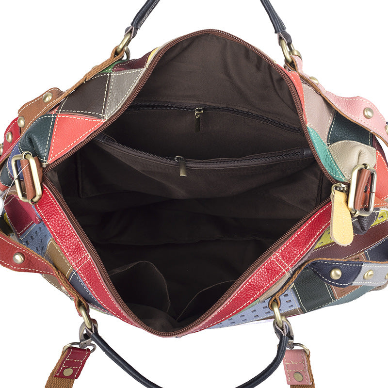 Genuine Top Layer Cowhide Color Block Studded Tote Bag for Women, Vintage Versatile Shoulder Crossbody Top Handle Purse, Trendy Casual Handbag for Ladies