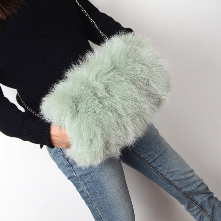 New Fashion Fox Fur Muff Bag for Women, Warm Fluffy Fur Shoulder Crossbody Purse with Chain Strap, Genuine Fur Handbag for Winter