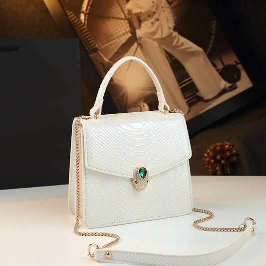 Genuine Leather Ostrich-Embossed Snake Head Mini Bag for Women, Light Luxury Accordion Chain Shoulder Crossbody Purse, Elegant Small Square Bestseller for Ladies