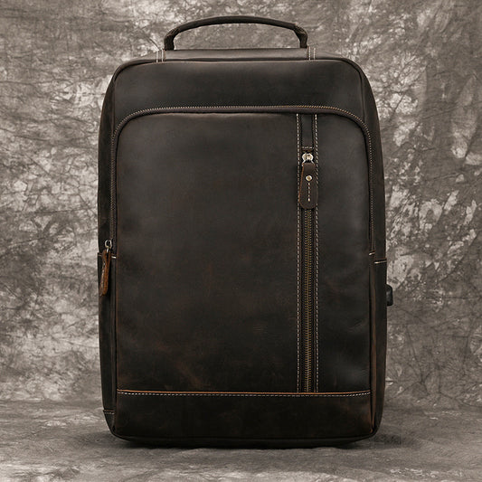 Vintage Crazy Horse Leather 15-Inch Laptop Backpack, Travel School Commute Daypack, Durable Genuine Leather Bag for Men