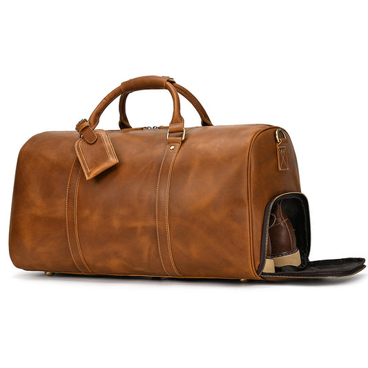 Genuine Crazy Horse Cowhide 55cm Travel Duffle Bag for Men, Vintage Luggage with Shoe Compartment, TikTok Style Cross-Border Weekender Bag for Gentlemen