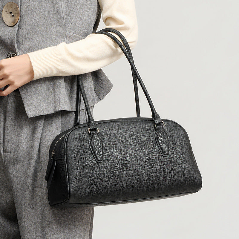 New Spring Row Boston Bowling Bag in Genuine Leather, Premium Shoulder Top Handle Underarm Purse, Chic Handbag for Women
