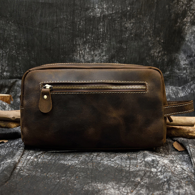 Crazy Horse Leather Toiletry Travel Clutch, Casual Cosmetic Storage Bag, Versatile Organizer Pouch for Men and Women