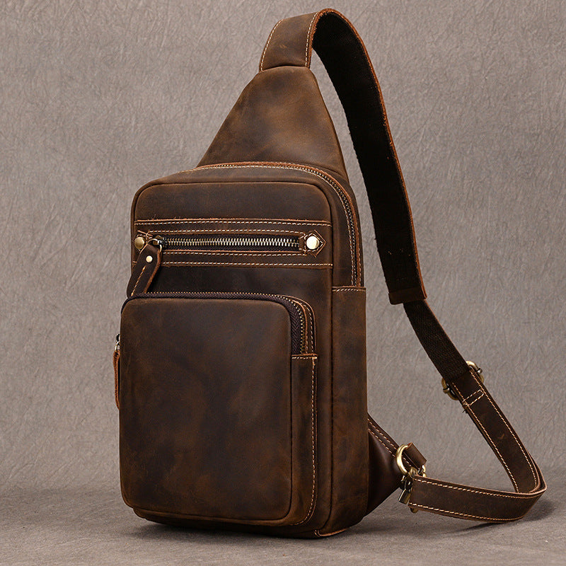 Large Capacity Crazy Horse Leather Chest Bag, Casual Crossbody Shoulder Pouch, Cowhide Bag Fits iPad for Men